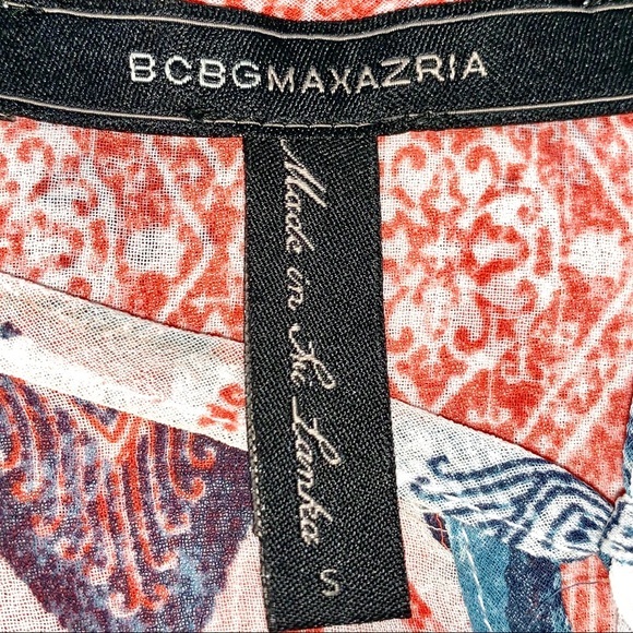 BCBGMaxAzria size S orange blue & ivory BOHO tie front long puffed sleeve blouse - Picture 14 of 15